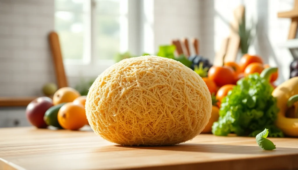 Highlighting kitchen loofah benefits with a natural loofah sponge displayed in a lively kitchen setting.