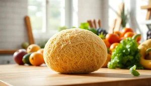 Highlighting kitchen loofah benefits with a natural loofah sponge displayed in a lively kitchen setting.
