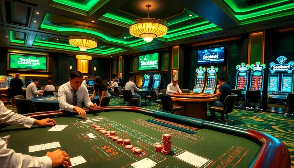 sbobet link alternatif displayed on a digital screen amidst a bustling casino floor, showcasing vibrant betting activities.