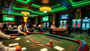 sbobet link alternatif displayed on a digital screen amidst a bustling casino floor, showcasing vibrant betting activities.