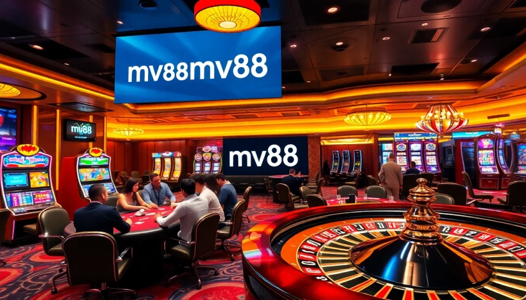 Experience the luxury of mv88 as players engage in thrilling casino games, surrounded by vibrant visuals.