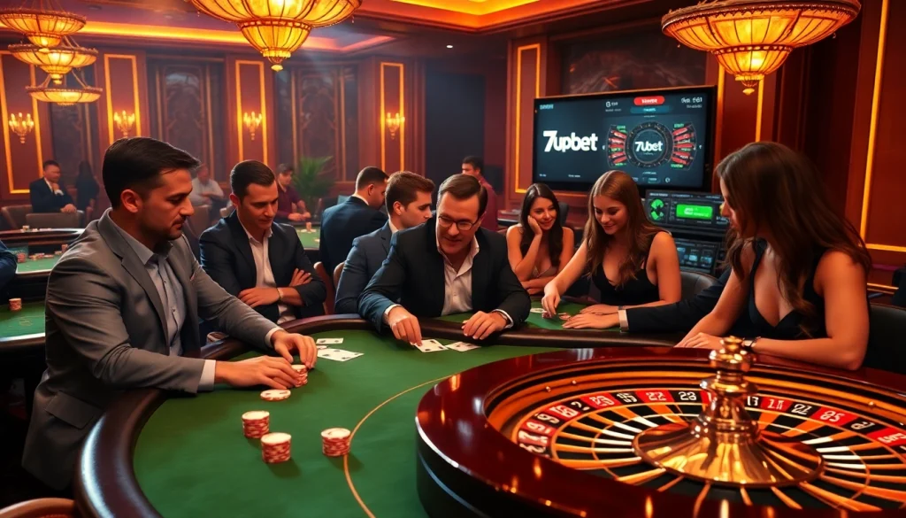 Engaging casino scene featuring 7upbet's branding with poker action and roulette excitement.