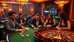Engaging casino scene featuring 7upbet's branding with poker action and roulette excitement.