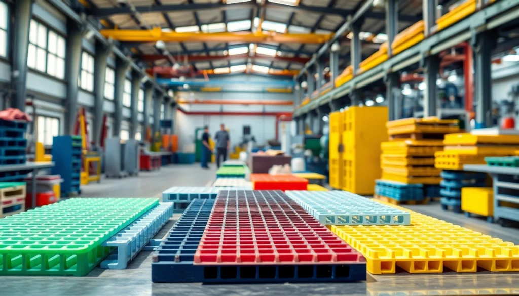 Showcasing a GRP Grating Supplier with various fiberglass grating products in a modern industrial setting.