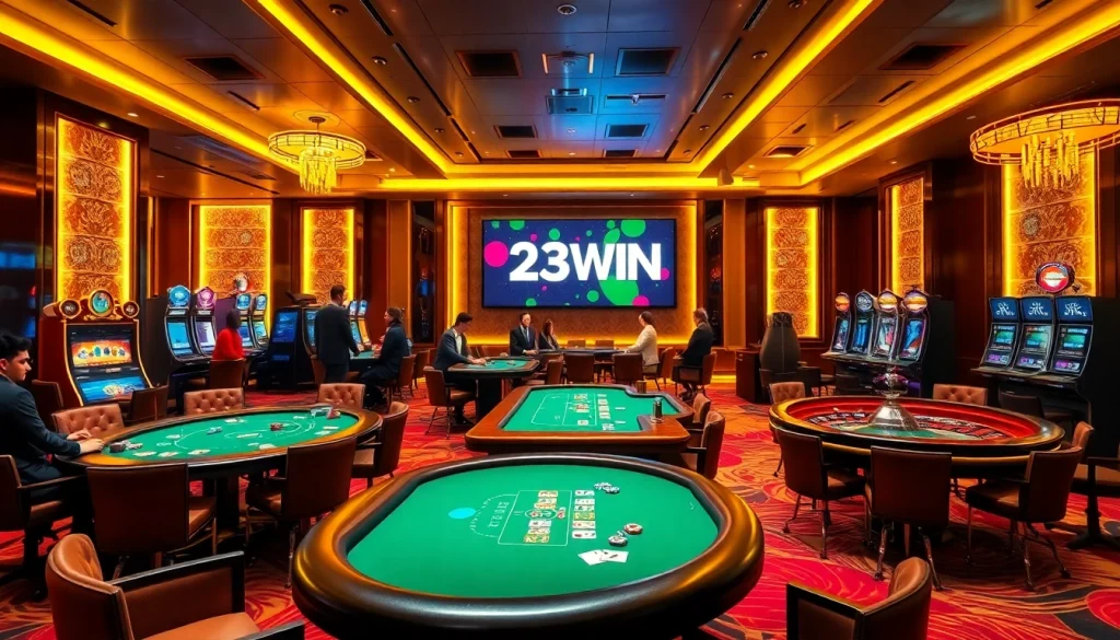 Experience the thrill of 23WIN's luxurious casino environment with players enjoying high-stakes games.