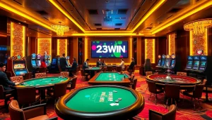Experience the thrill of 23WIN's luxurious casino environment with players enjoying high-stakes games.