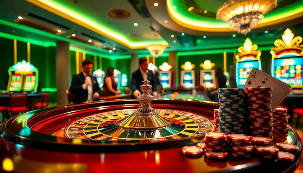 Experience RR88's thrilling casino ambiance with lush roulette tables and engaged players.
