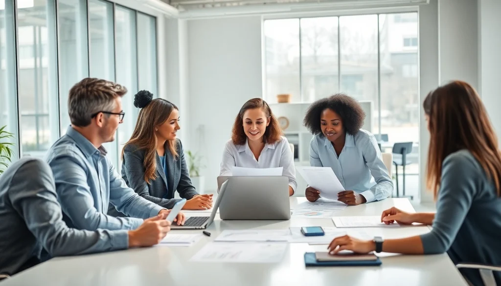 Engaging discussion of extended warranty provider options among diverse professionals in a modern office.