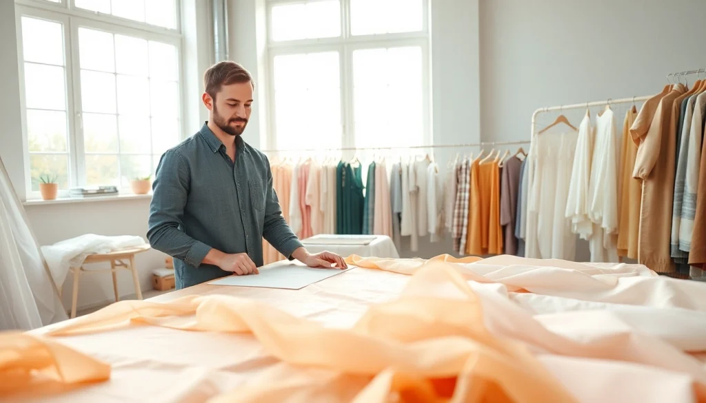 Lichte en transparante stoffen op een designerstafel, verlichting en textuur benadrukkend.