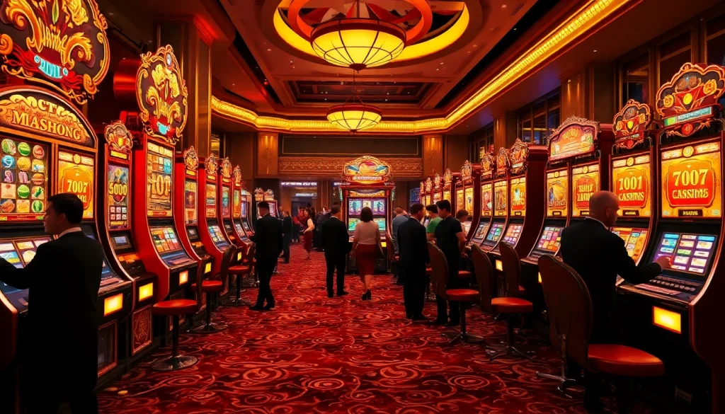 Players enjoying a thrilling mahjong slot demo in a vibrant casino setting at night.
