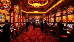 Players enjoying a thrilling mahjong slot demo in a vibrant casino setting at night.