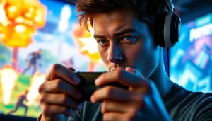 Gamer engaged in 1 ball fortnite battle, showcasing intense focus and dynamic game environment.