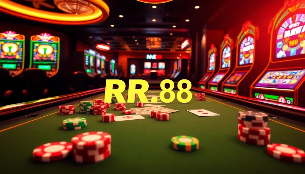 Experience thrilling excitement at RR88 with dynamic cards, poker chips, and slot machines.