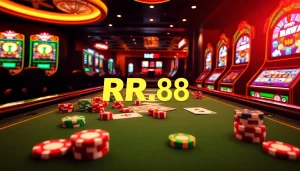 Experience thrilling excitement at RR88 with dynamic cards, poker chips, and slot machines.