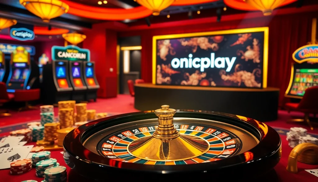 Experience thrilling gaming action with onicplay featuring roulette, poker chips, and vibrant slot machines.