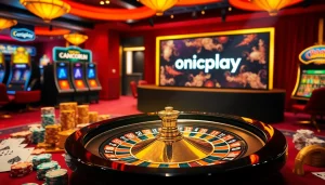 Experience thrilling gaming action with onicplay featuring roulette, poker chips, and vibrant slot machines.