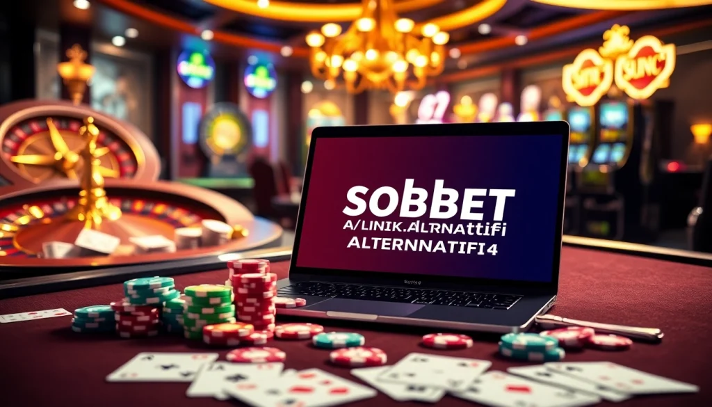 Experience sbobet link alternatif in a luxurious casino setting with digital betting interfaces and vibrant poker chips.