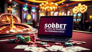 Experience sbobet link alternatif in a luxurious casino setting with digital betting interfaces and vibrant poker chips.