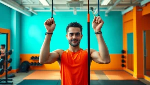 Fitness enthusiast using resistance bands for pull-ups in a bright gym setting, showcasing diverse techniques.