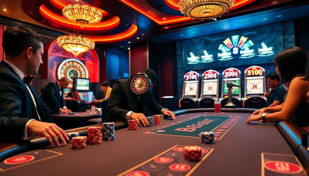 Experience the thrill of 28Bet at a vibrant casino table with players and poker chips.