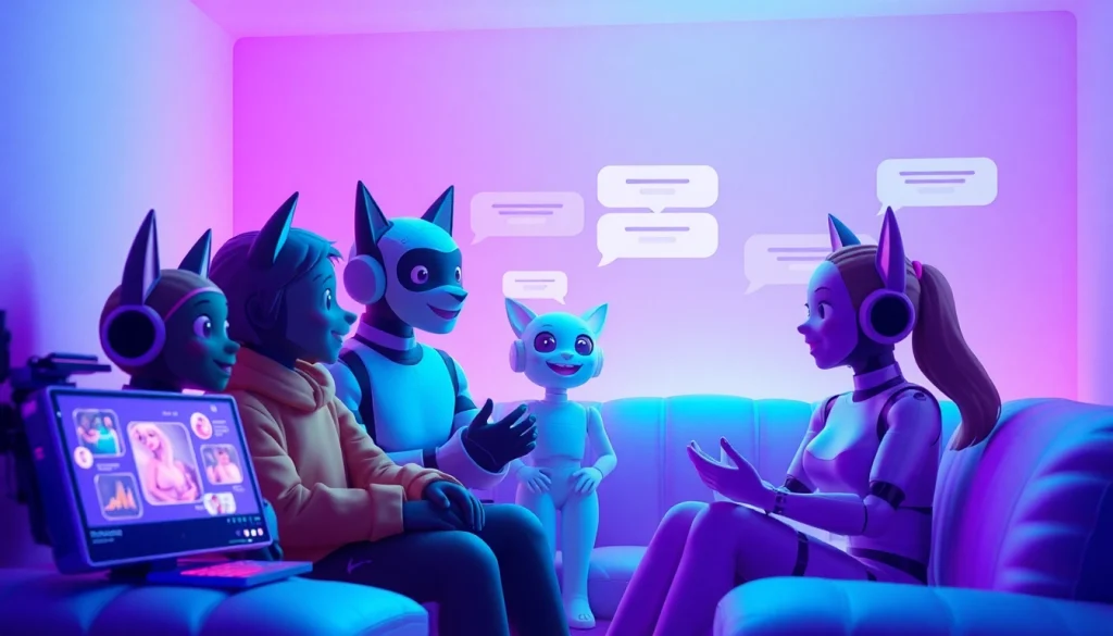 Engaging scene of nsfw ai chat where users interact with diverse, friendly AI characters in a vibrant digital chat room.