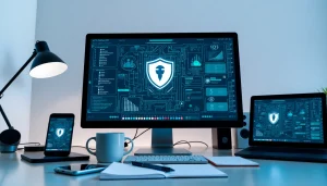 在现代设备上显示的快连VPN应用界面，位于专业工作环境中，象征安全的互联网连接。