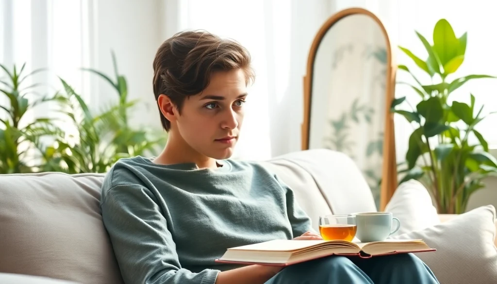 Explore an individual experiencing depression symptoms in a serene, warm environment.