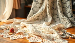 Kanten stof per meter, gestyled met naaiaccessoires en natuurlijke verlichting.