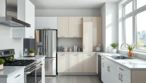 Showcasing modern home appliances in a bright kitchen setting with sleek designs.