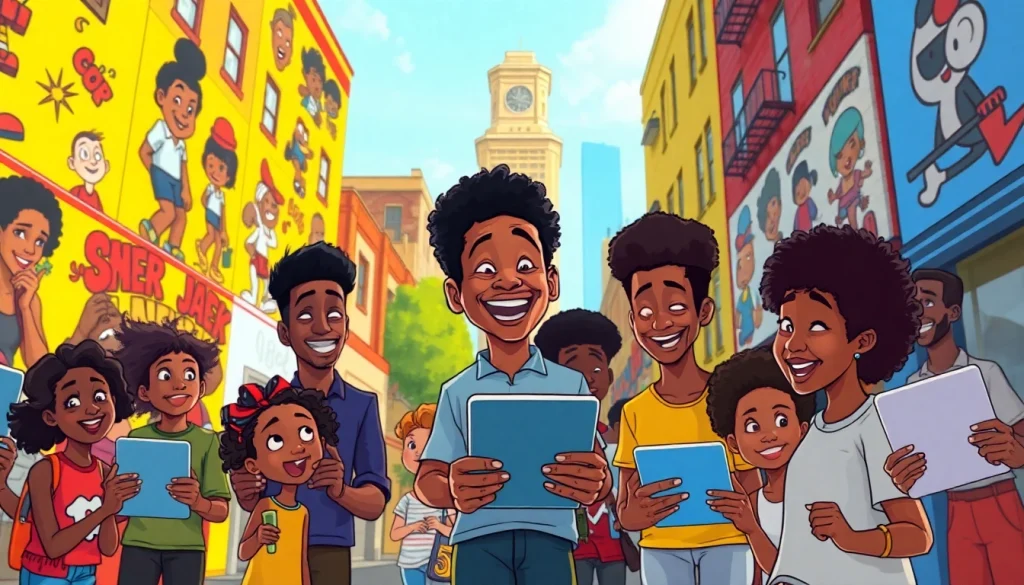 A vibrant scene featuring African American cartoons showcased in a lively urban setting, depicting community joy and childhood inspiration.