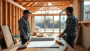 House extension construction in progress with builders and plans on site.