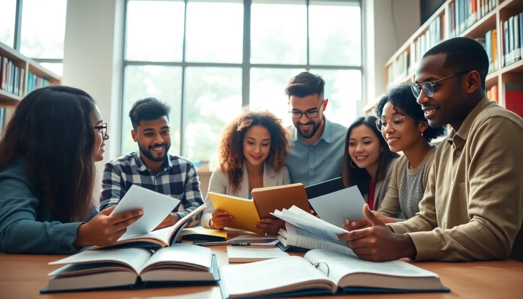 Engaged students working together for AWS exam help in a bright library setting.