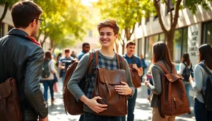 Stylish Handtasche für Schulen showcased by happy students in a school courtyard.