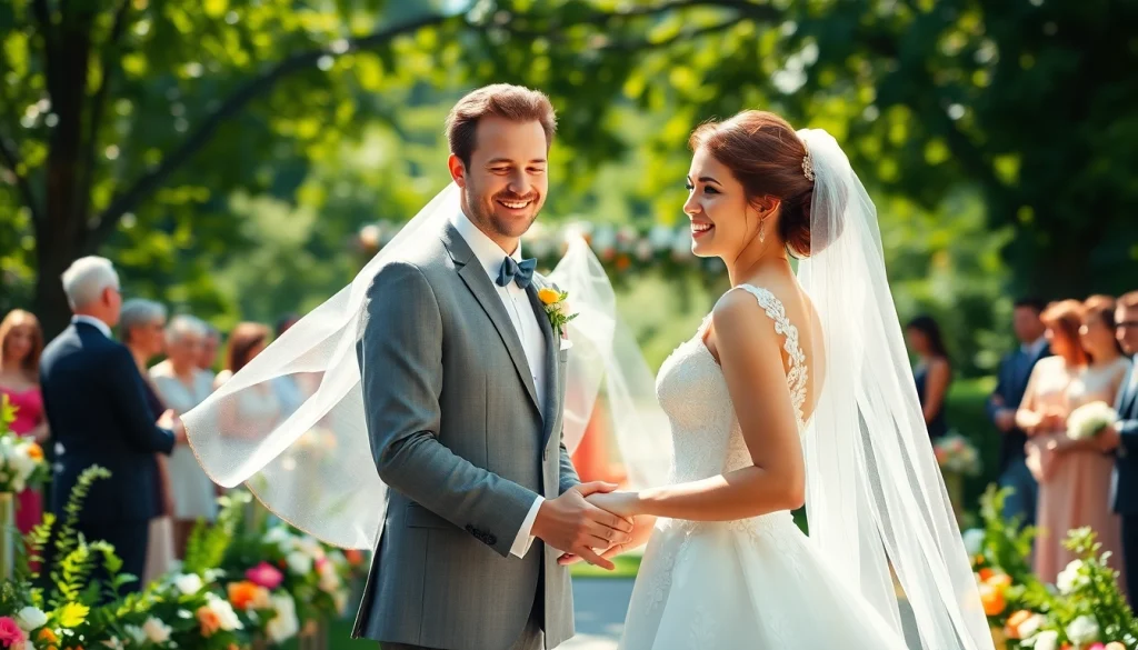 Wedding photography captures a joyful couple sharing a moment during their outdoor ceremony.