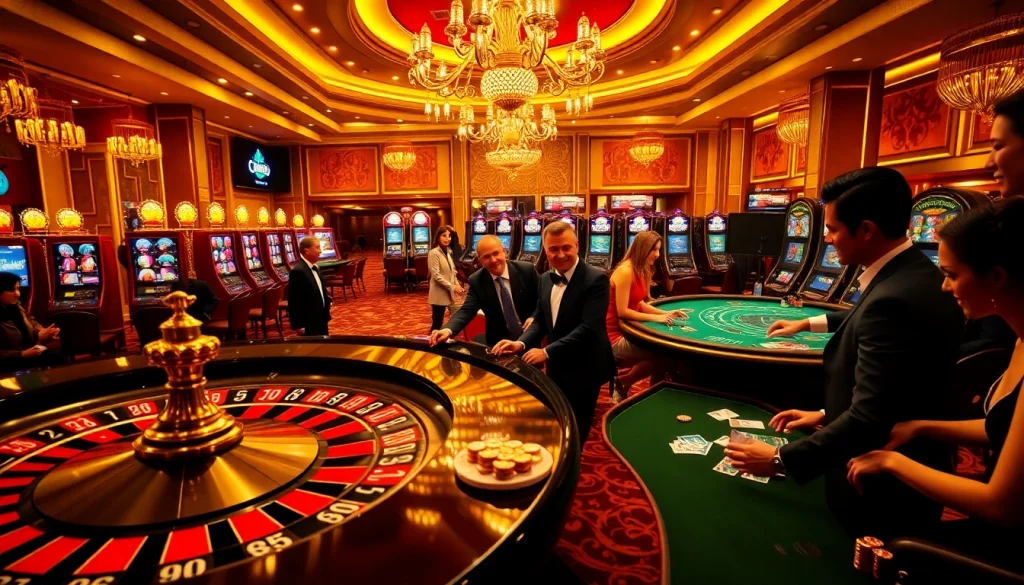 Vivez l'excitation du casino en ligne français autour de tables de poker vibrantes sous un éclairage doré.