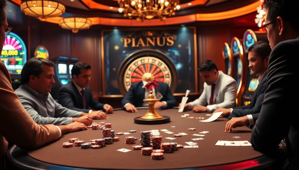 Joueurs engagés à une table de poker dans un casino en ligne français luxueux avec une roulette et des machines à sous vibrantes.