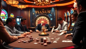 Joueurs engagés à une table de poker dans un casino en ligne français luxueux avec une roulette et des machines à sous vibrantes.