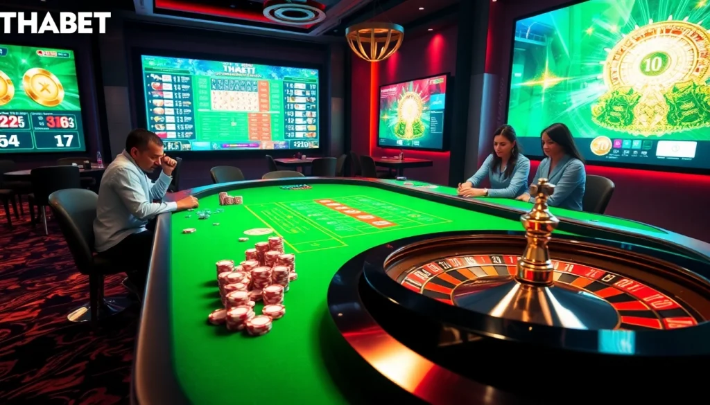 Players engaging in online gambling at https://thabet.vc/ with poker chips and a vibrant casino table.