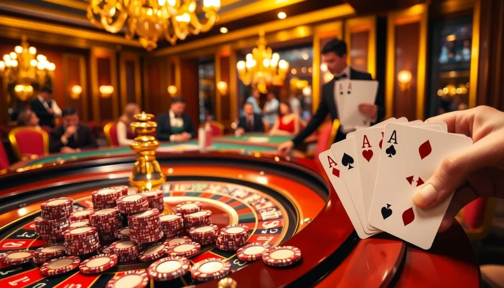 Découvrez l'excitation du casino en ligne français avec une élégante table de roulette et des jetons de poker vibrants.