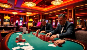 Hay88 casino scene with players at a poker table and roulette wheel, showcasing excitement.