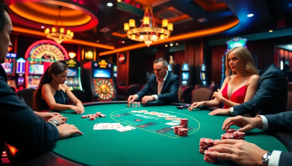 Joueurs participant à un jeu palpitant dans un casino en ligne français, mettant en avant le poker à enjeux élevés et des machines à sous vibrantes dans un environnement luxueux.