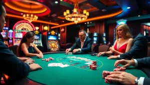 Joueurs participant à un jeu palpitant dans un casino en ligne français, mettant en avant le poker à enjeux élevés et des machines à sous vibrantes dans un environnement luxueux.